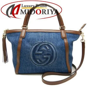 Gucci Tote Bag Denim Leather Indigo Blue Brown